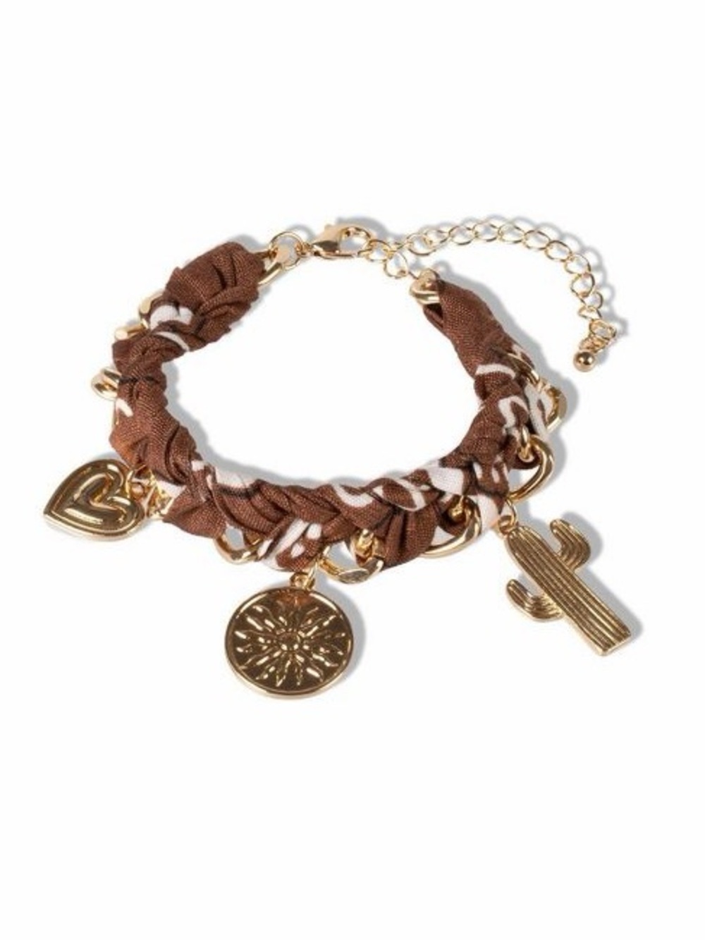 Bandana Charm Bracelet with Brown Fabric Weave and Gold Toned Charms